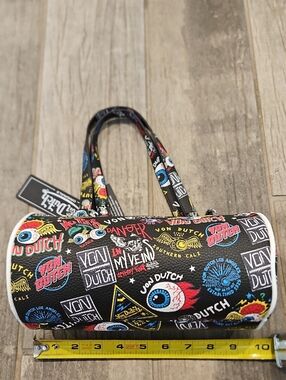 Von Dutch Black Barrel Tote with Multicolor Jax Logos